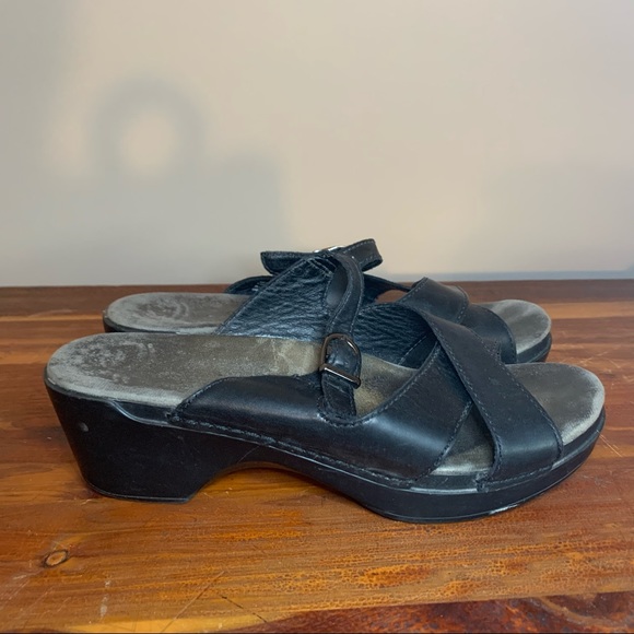 Dansko Sela Slide Mule Black Leather Wedge Sandals - Picture 3 of 9